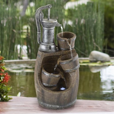 GRILLGEAR Old Fashion Hand Pump Fountain- 4-Tier Polyresin Barrel Cascading Waterfall With LED Lights GR2005228